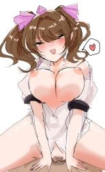1boy 1girl black_pubic_hair blush bow breasts brown_eyes brown_hair commentary_request cowboy_shot cowgirl_position female_pubic_hair girl_on_top hair_bow half-closed_eyes hat heart hetero highres himekaidou_hatate large_breasts long_hair looking_at_viewer male_pubic_hair nakadeyama nipples open_clothes open_mouth open_shirt pubic_hair puffy_short_sleeves puffy_sleeves purple_bow purple_hat pussy sex shirt short_sleeves simple_background smile solo_focus straddling tokin_hat touhou twintails uncensored v-shaped_eyebrows vaginal white_background white_shirt