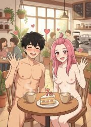 1boy 1boy1girl 1girls :d ai_generated anniversary black_hair blush blush_lines breasts cake casual casual_nudity closed_eyes coffee_shop completely_naked completely_naked_female completely_naked_male completely_nude completely_nude_female completely_nude_male couple cute etra-chan_saw! female fit fit_female heart hearts hourglass_figure hourglass_figured_female kuroki_(etra-chan_saw!) latte looking_at_viewer male male/female muscular muscular_male naked naked_female naked_male nipples nude nude_female nude_male nudist penis perfect_body pink_eyes pink_hair small_breasts smile smiling smiling_at_viewer table testicles waving waving_at_viewer wholesome wholesome_nudity youtube yuri_(etra-chan_saw!)