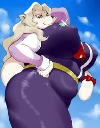 alien bbw big_breasts canine elma_(tenchi_muyo!) erma feline female grey_body huge_breasts low-angle_view nipple_outline overweight pose posing ribbon slightly_chubby tail tenchi_muyo tenchi_muyo! tenchi_muyo!_gxp thicc uniform wau white_body yellow_eyes