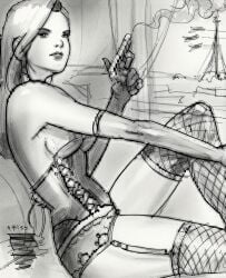 1940s 40s breasts corset elbow_gloves female garter_straps gloves gun long_hair makeup official_art pandemic_studios sky skylar_saint_claire small_breasts solo stockings the_saboteur weapon
