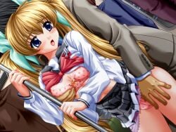 1girl 4boys black_hair blue_eyes blush bra breasts chikan clothes_lift cowboy_shot crowded dutch_angle game_asset grabbing_another's_breast grabbing_another's_thighs grabbing_from_behind green_ribbon grey_skirt groping hair_ribbon holding holding_pole long_hair long_sleeves looking_back man'in_densha mizushima_oonari molestation multiple_boys nanase_yuzu_(man'in_densha) neckerchief non-web_source official_art open_mouth panties people pink_bra pink_panties pleated_skirt pole public_indecency raised_inner_eyebrows red_neckerchief ribbon school_uniform self-datamine serafuku shirt_lift skirt skirt_lift small_breasts solo_focus standing suit sweat tareme train_interior twintails underwear variant_set very_long_hair visual_novel_cg