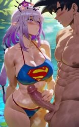 1boy 1boy1girl 1female 1girl 1girls ai_assisted ai_generated bikini bikini_bottom bikini_only bikini_top black_hair castorice_(honkai:_star_rail) crossover crossover_cosplay dc dc_comics dragon_ball faceless_character faceless_male hair hair_ornament honkai:_star_rail honkai_(series) long_hair powerscaling purple_eyes purple_hair son_goku superman_(cosplay) superman_(series) superman_logo
