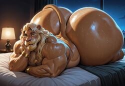 1boy ai_generated all_fours anthro artist_request ass big_ass big_butt bubble_ass bubble_butt daddy dilf eyewear felid feline felis furry gay glasses huge_ass huge_butt hyper hyper_ass jewelry lion male_only mature_male muscular muscular_male on_bed sweat sweaty