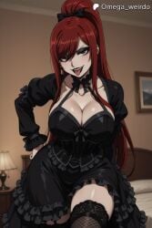 1girl ai_generated bed bedroom big_breasts brown_eyes cleavage corset dress erza_scarlet evil_smile eyeshadow fairy_tail goth goth_dress goth_girl goth_makeup gothic gothic_girl gothic_lolita hand_on_hip huge_breasts indoors lipstick long_hair looking_at_viewer makeup mouth_open omega_weirdo patreon ponytail posing red_hair smug standing sticking_out_tongue stockings