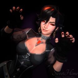 1girls 3d clawed_fingers cleavage earrings gloves goth jubilee jubilee_(marvel_rivals) marvel marvel_rivals medium_breasts pendant purple_background red_eyes red_sclera short_hair smirk solo sweethime tomboy vampire vampire_girl vampire_jubilee x-men