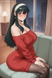 1girl ai_generated bangs bare_shoulders black_hair black_legwear blush breasts cleavage closed_mouth collarbone couch dress earrings hairband hi_res high_quality high_resolution huge_breasts indoors jewelry large_breasts long_hair looking_at_viewer off-shoulder_sweater off_shoulder pantyhose patreon red_dress red_eyes savvyraexo seductive sexy sidelocks sitting smile solo spy_x_family sweater sweater_dress uncensored watermark yor_briar