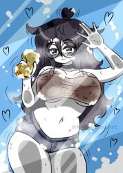 1girls against_glass against_surface artist big_breasts big_thighs black_hair blush blush_lines booty_shorts breasts choker cleaning cleaning_tool cute cute_face depressed eyebags eyelashes female female_only foam girlfriend glass glasses hair_between_eyes heart heart_eyes hot inviting katy_(katymoonart) katymoonart long_hair messy_hair nerd nerdy nerdy_female no_bra oc original original_character ripped_clothing shorts shy simple_background smile smiling smiling_at_viewer solo solo_female sponge sports_bra stockings summer text thighhighs tired_eyes torn_thighhighs twitter_link twitter_user_oc twitter_username washing white_body wind