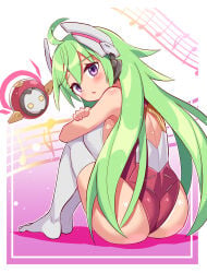 1girl ahoge arms_on_knees ass ass_focus azure_striker_gunvolt bare_shoulders blush breast_press breasts cougar_(cougar1404) expressionless from_behind full_body gradient_background green_hair gunvolt_chronicles_luminous_avenger_ix gunvolt_chronicles_luminous_avenger_ix_2 hair_between_eyes headgear huge_ass large_breasts leotard long_hair looking_at_viewer mother_(luminous_avenger_ix) multicolored_leotard musical_note open_mouth purple_eyes roro_(gunvolt) sideboob solo thighhighs very_long_hair white_thighhighs