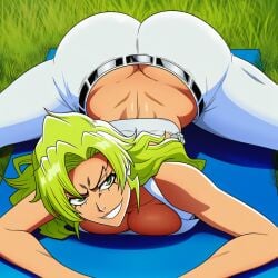 1girls above_view ai_generated big_ass big_breasts big_butt bleach bleach:_the_thousand-year_blood_war bubble_ass bubble_butt butt_crack candice_catnipp dat_ass dat_butt eyes_open facing_forward facing_viewer green-eyed_female green-haired_female green_eyes green_eyes_female green_hair light-skinned_female light_skin long-haired_female long_green_hair long_hair novelai open_eyes outdoors outside pants smug smug_face smug_smile splits teeth teeth_showing teeth_visible thicc thicc_ass thicc_butt white_pants yoga yoga_mat yoga_pose