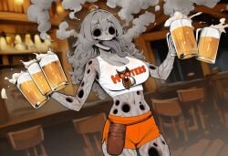 1girls ai_generated alcohol beer breasts clothed clothes clothing empty_eyes enra_(paigen) female grey_body grey_hair grey_skin grey_tongue holes holes_in_body hollow_eyes hooters hooters_uniform horror horror_(theme) large_breasts long_hair long_tongue monster_girl no_eyes original original_character paigen pouch shirt shorts skull_face smoke smoke_creature smoke_from_mouth smoke_girl smoke_monster undead veins