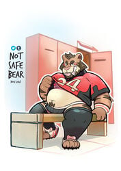 1boy 2018 absurd_res anthro beard belly big_belly blush brown_hair chubby clothed clothing facial_hair fangs feet felid furry hair hi_res jersey jock jockstrap locker_room male male_only mammal moobs nipples notsafebear original_character paws precum precum_through_clothing purple_eyes roantiger sabertooth_tiger sitting solo thick_thighs tongue tongue_out underwear wet wet_clothing wide_hips