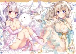 2girls ameto_yuki blonde_hair boots braided_hair braided_ponytail breasts breasts_out detached_collar detached_sleeves dress exposed_breasts female female_only frilled_dress frills hair_ornament hair_ribbon highres large_breasts long_hair low_braid low_twintails nipples nipples_visible_through_clothing open_clothes open_dress original see-through see-through_clothing shoes sitting skirt_lift stuffed_animal tied_hair twin_braids white_hair