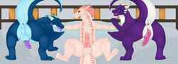 absurd_res after_sex animal_genitalia anus ass balls bed cum cum_in_ass cum_inside dragon erection feral fur furred_dragon group hi_res knot looking_at_viewer male male_only penis pollard presenting presenting_hindquarters raised_tail scafen_(artist) scafen_(character) scalie