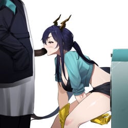 1boy 1boy1girl 1girls arknights bare_navel blowjob blue_hair boob_window cheek_bulge chen_(arknights) crop_top_jacket doctor_(arknights) dragon_girl ghosty223 ghosty_(xiaobai) gloves hair_between_eyes horns hypergryph interspecies penis_in_mouth ponytail shorts simple_background stuck stuck_in_object yellow_gloves