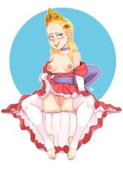 background blonde_female blonde_hair bow buckteeth circle color colored exposed_breasts exposed_pussy feet hairclip jewelry lifting_dress nerdbayne nipples oc original original_character plump_pussy princess_phoebe_(nerdbayne) small_breasts tiara vagina