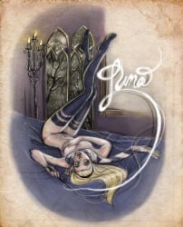 1girls 2009 babsdraws bed blonde_hair breasts cleavage female harry_potter luna_lovegood on_back on_bed solo topless