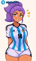 ai_generated argentina brawl_stars lionel_messi messing purple_hair sexy shelly_(brawl_stars) smiling tagme white_background