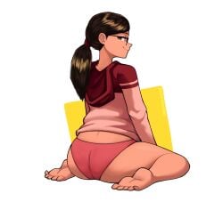 brown_eyes brown_hair fully_clothed hair_up looking_at_viewer looking_back seated