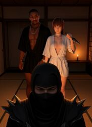 3d ai ai-created ai_art ai_assisted ai_generated asian_female assassination black_male candle candlelight carl_johnson choker confused couple couple_(romantic) crossover dagger dark-skinned_male dead_or_alive eastern_and_western_character futon gangster gold_chain gold_jewelry gold_necklace grand_theft_auto grand_theft_auto:_san_andreas holding_weapon in_love interracial japan jewelry kasumi_(doa) koei_tecmo kunai kunoichi light-skinned_female loving_couple menacing muscular muscular_male night nighttime ninja ninja_gaiden ponytail robe robes rockstar_games romance romantic romantic_ambiance romantic_couple shadow shadows standing tatami tatami_floor tatami_mat tatami_room team_ninja unexpected wowzerspowzers