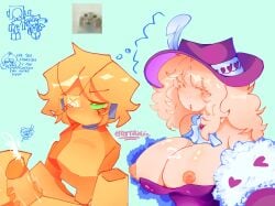 blonde_hair bunnysuit cum_on_breasts die_of_death_(roblox) eltortillas_(artist) eyepatch futanari green_eyes harken_(die_of_death) huge_breasts loveshot_(die_of_death) masturbation nipple_slip roblox yellow_body