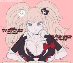 1boy 1girls alternate_breast_size big_breasts blonde_hair bra bra_cups_sticking_out breasts busty danganronpa dialogue english_text failureofasavior favorite female gyaru hairpin huge_breasts junko_enoshima large_breasts looking_at_viewer male nipples nipples_visible_through_clothing outercourse paizuri paizuri_lead_by_female paizuri_on_lap paizuri_under_clothes penis picot_trim picot_trim_bra pov red_nails see-through see-through_bra smile smooth_skin straight tagme text twintails