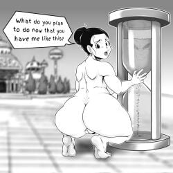 1boy 1girls ass barefoot character_request chichi completely_nude completely_nude_female dragon_ball female full_body hourglass looking_at_viewer looking_back male naked naked_female nude nude_female offscreen_male pussy reflection squatting yinsalgurth
