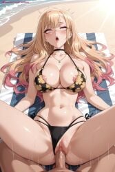 1boy 1girl ai_generated bangs bikini black_bikini blonde_hair blush breasts censored choker cleavage collarbone earrings eyebrows_visible_through_hair hetero hi_res high_quality high_resolution jewelry kiraamane large_breasts long_hair lying marin_kitagawa mosaic_censoring navel necklace nipples on_back open_mouth patreon penis pussy seductive sex sexy solo_focus sono_bisque_doll_wa_koi_wo_suru spread_legs sweat swimsuit tongue tongue_out uncensored vaginal watermark