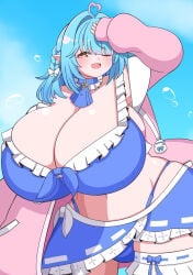 :d alternate_breast_size blue_bikini blush cleavage curvy gigantic_breasts hand_on_head hololive hyper hyper_hips narrow_waist one_eye_closed scarlet_(scarlet753315) thick_hips thick_thighs virtual_youtuber voluptuous wide_hips yukihana_lamy