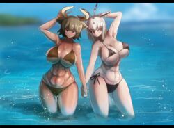 arabian_oryx_(kemono_friends) aurochs_(kemono_friends) beach bikini canvassolaris dark-skinned_female muscular_female