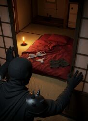 3d ai ai-created ai_art ai_assisted ai_generated assassin boxers_(clothing) bra candlelight crossover dead_or_alive futon grand_theft_auto grand_theft_auto:_san_andreas holding_weapon japan koei_tecmo kunai lingerie menacing night nighttime ninja ninja_gaiden ominous open_door panties rockstar_games shadow shadows sliding_doors story tatami tatami_room team_ninja underwear_on_floor wowzerspowzers
