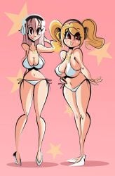 2girls bikini blonde_hair cartoony curvy headphones hourglass_figure huge_breasts large_breasts navel necklace pink_hair side-tie_bikini_bottom simple_background smile soisauci stylized super_pochaco super_sonico swimsuit twintails underboob white_bikini wide_hips