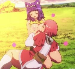 2girls big_breasts eyes_closed futoku_no_guild hanabata_nohkins hitamu_kyan lesbian_focus on_knees pink_hair pleasure_face purple_hair sucking_breasts sucking_nipples thick_thighs yuri