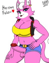 1futa 2019 anthro balls big_breasts big_penis breasts cleavage clothed clothing dickgirl domestic_cat erection felid feline felis futanari heart hi_res humanoid_penis intersex katt_monroe looking_at_viewer mammal nintendo open_mouth penis pizzaozzy_(artist) simple_background solo star_fox video_games