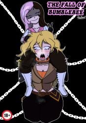 blushing bulge bulge_down_leg bulge_through_clothing bulge_under_clothes clothed comic_cover cover futa_with_female mouth_open musk musk_clouds musky_cock neopolitan_(rwby) ntr on_shoulders peace_sign rwby shocked_expression size_difference skurigami smug_grin wet_pussy yang_xiao_long