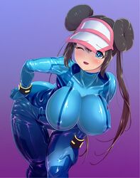 1girls alternate_breast_size alternate_outfit ass big_ass blue_eyes blush bodysuit breasts brown_hair busty clothed cosplay crossover domoshipette double_bun female female_only hair_buns hand_on_hip hat huge_breasts human looking_at_viewer metroid nintendo nipple_bulge one_eye_closed png pokemon pokemon_bw2 pose rosa_(pokemon) samus_aran_(cosplay) skin_tight smile thick_thighs thigh_gap twintails wide_hips wink zero_suit