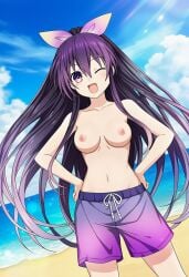 armpits ass_length_hair beach boobs date_a_live eyebrows_visible_through_hair front_view hair_between_eyes hairless_armpits happy_female male_swimwear medium_breasts nipples no_sex overcast pixiv purple_hair purple_hair_female purple_swimwear sea seaside tits topless topless_female white_clouds yatogami_tohka