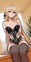 1girls ai_generated arrogant bare_shoulders blonde_hair calm cleavage cleavage_cutout female hair_ribbon head_tilt highleg indoors kiss-shot_acerola-orion_heart-under-blade kizumonogatari lace laced_underwear large_breasts leotard lingerie looking_at_viewer mascara molamaxuy on_table perfect_body pointy_ears sexy sitting slit_pupils solo strapless thighhighs very_long_hair yellow_eyes