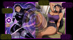 ai_art ai_generated alien_girl bare_legs barefoot bimbofication black_hair blackfire cleavage comic couch dc_comics dialogue english_text femsub huge_breasts large_breasts legs manip purple_eyes shorts speech_bubble super_hero tagme tank_top teen_titans text tiechonortheal_(manipper)