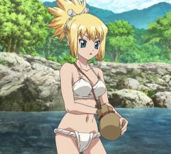 anime_screencap anime_screenshot belly_button bikini bikini_bottom bikini_top blonde_female blonde_hair canonical_outfit canonical_scene cyan_eyes dr._stone dr.stone female_only holding_object kohaku_(dr._stone) kohaku_(dr.stone) large_breasts open_mouth river_background riverside screencap screenshot screenshot_edit standing_in_water white_bikini