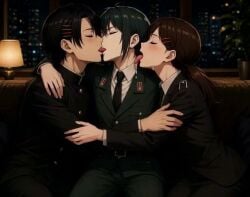 1girls 2boys ai_generated bisexual black_hair chainsaw_man female_supporting_yaoi grok grok_imagine group_kiss group_kissing higashiyama_kobeni higashiyama_nobana incest kissing spy_x_family tagme triple_kiss video yaoi yuri_briar