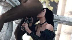 1boy 1girls 3d anilingus anus balcony big_penis black_hair cd_projekt_red choker closed_eyes dark-skinned_male dark_skin eating_ass female handjob interracial kaer_morhen leeterr light-skinned_female light_skin male male_ass mascara masturbating_other necklace nude_male outdoors penis penis_grab rimjob rimming rimming_male saliva saliva_trail testicles the_witcher_(series) the_witcher_3:_wild_hunt yennefer