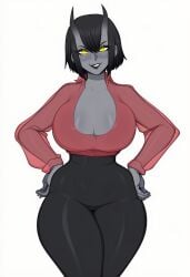 1girl ai_generated big_breasts black_pants cleavage demon demon_girl gray_skin horns horny oc original original_character red_shirt short_hair smile standing yellow_eyes
