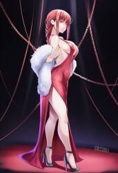 1girls ai_assisted ai_generated chains chainsaw_man dress evening_dress high_heels kaelishorns long_hair makima_(chainsaw_man) patreon patreon_username red_dress red_hair watermark white_fur yellow_eyes
