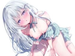 1girl ame_usari bent_forward blush breasts breasts_out choker clothed cum cum_on_body cum_on_breasts exposed_breasts gray_hair hair_ribbon heart_eyes heavy_breathing highres long_hair nipples nude open_clothes original pajamas small_breasts straight_hair white_hair