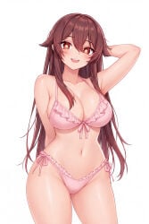 bikini brown_eyes brown_hair genshin_impact hand_up high_quality high_resolution hu_tao_(genshin_impact) large_breasts looking_at_viewer looking_pleasured pink_bikini smiling_at_viewer waifu2x