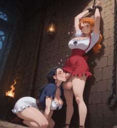 ai_art ai_generated balls ballsack bdsm black_hair blue_eyes bondage bound bound_ankles bound_arms bound_wrists chained chains civitai clenched_teeth closed_eyes cock dickgirl dickgirl_focus dominant dominant_female dress fellatio femdom frills futa_focus futanari hi_res high_quality high_resolution highres huge_cock huge_penis kneeling nami_(one_piece) nami_(one_piece)_(whole_cake_island) nico_robin on_knees one_piece oral oral_penetration oral_sex orange_hair patreon penis self_upload stable_diffusion standing submissive_futa sucking_penis taking_advantage uncensored upscaled yuckle