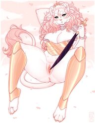 anthro anus blush breasts clothed clothing felid female hi_res lion looking_at_viewer mammal melee_weapon pantherine pussy sinfuldreams15 solo spread_legs spreading sword thick_thighs weapon