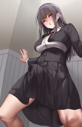 1girl black_eyes black_hair black_skirt bow bowtie breasts commentary_request erection from_below futanari highres jack_dempa large_breasts long_hair long_sleeves looking_down open_mouth original pleated_skirt red_bow red_bowtie shirt skirt steaming_body suggestive_fluid thighs wet wet_clothes wet_skirt white_shirt