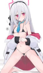 1girl absurdres bikini black_bikini blue_archive blue_necktie blush coat commentary_request flat_chest groin gu_meng_yin hair_between_eyes hairband halo highres kei_(blue_archive) kei_(student)_(blue_archive) kneeling long_hair looking_at_viewer navel necktie open_clothes open_coat pink_eyes pink_halo pussy_juice solo swimsuit thighs very_long_hair wedgie wet white_coat white_hair