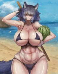 1girls abs alternate_breast_size armpits beach bikini breasts canvassolaris cleavage clothed dire_wolf_(kemono_friends) female female_only food huge_breasts kemono_friends muscular muscular_female sideboob thick_thighs thigh_gap underboob venus_body watermelon wet wide_hips